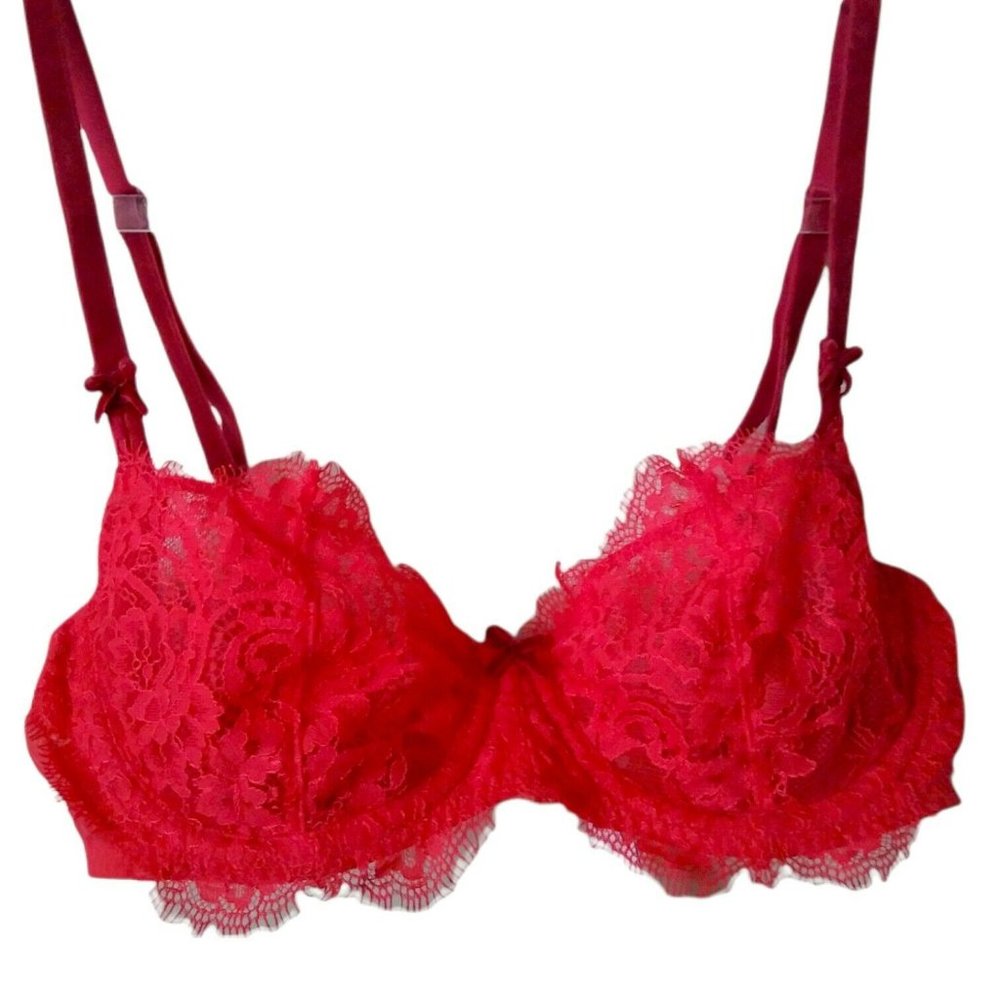 Victorias Secret Womens Dream Angels Red Sheer Lace Underwire Sheer Half Bra 32C